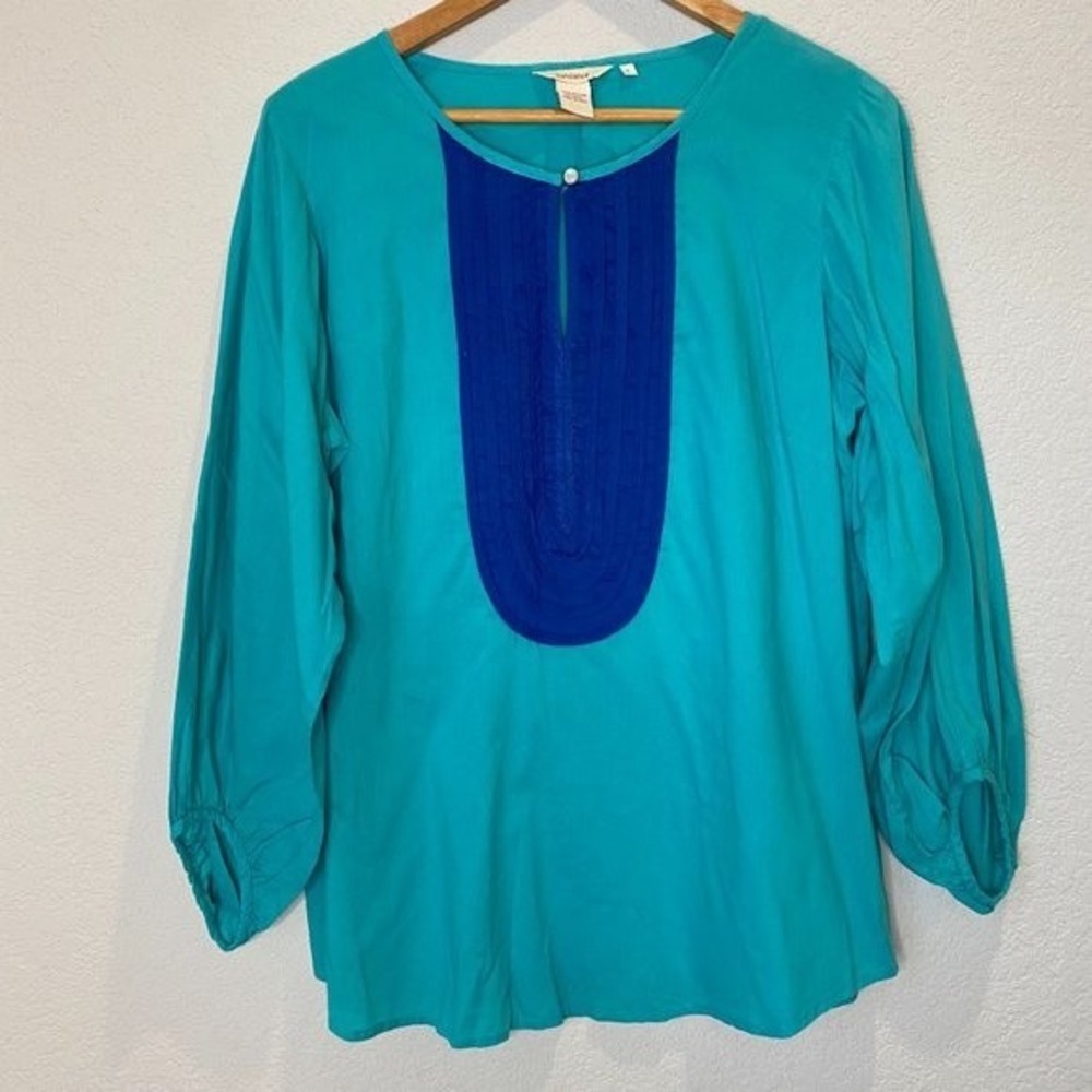 Sundance Aqua & Navy 100% Cotton Lightweight Tunic Top - Size L - EUC